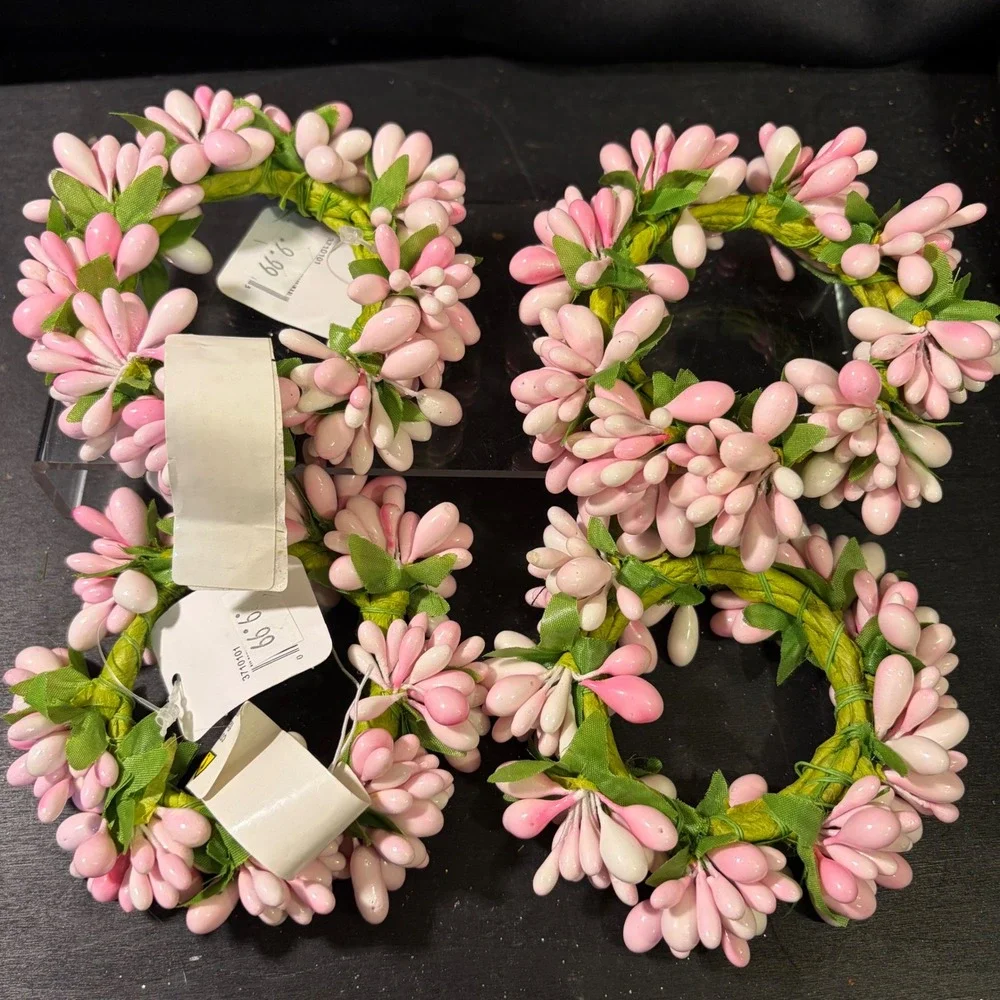 Raz Imports Pink White Berry Napkin Rings Set of 4 Floral Spring Decor 3 Inch